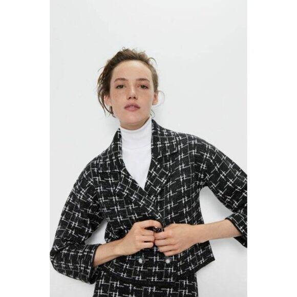 ZARA Chunky Knit Plaid Jacket Jewel Button Double Breasted Blazer Black White - Picture 4 of 16